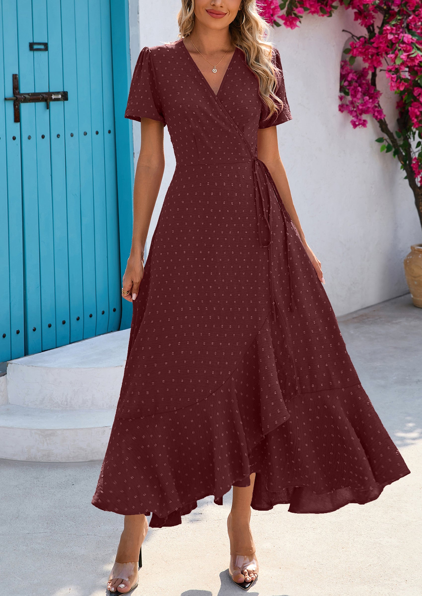 PRETTYGARDEN Women's Summer Maxi Dress Casual Wrap Floral Boho Short Sleeve V Neck Split Ruffle Beach Long Dresses