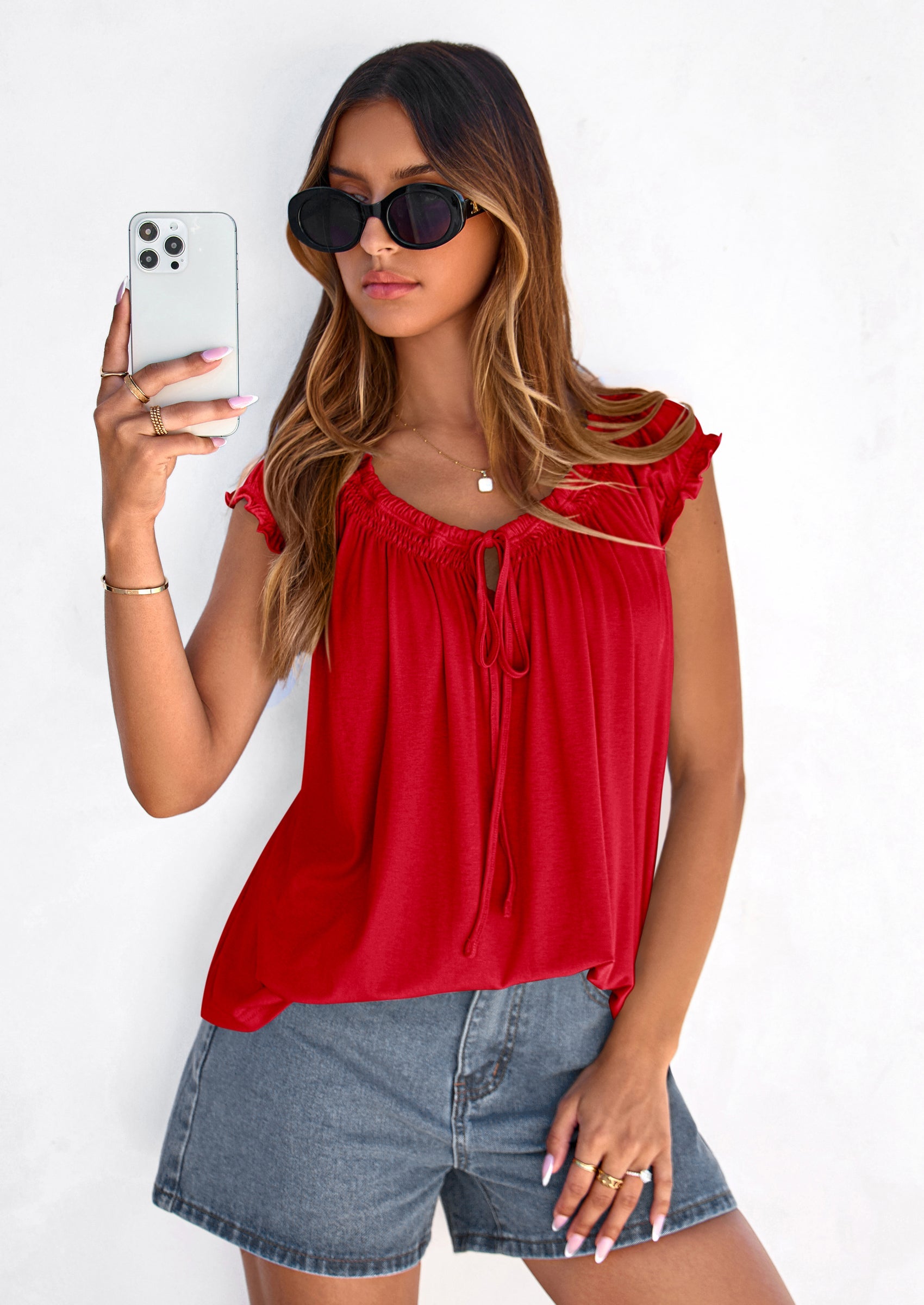 PRETTYGARDEN Womens Tie Front Tank Tops Summer Fashion Cap Sleeve Babydoll Blouses Flowy Shirts Spring Going Out Outfits PRETTYGARDEN