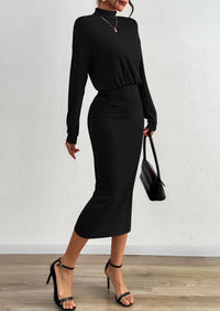 PRETTYGARDEN Turtle Neck Dresses for Women Fall Knit Outfits Slit Elastic Waist Long Sleeve Bodycon Midi Sweater Dress