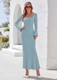 PRETTYGARDEN Women's Fall Long Sleeve Maxi Bodycon Dresses | Soft Stretchy Ribbed Knit, Bell Sleeve Square Neck Mermaid, Elegant Long Dress, Wedding Guest Party, 2026 Winter Clothing