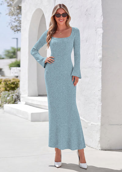 PRETTYGARDEN Women's Fall Long Sleeve Maxi Bodycon Dresses | Soft Stretchy Ribbed Knit, Bell Sleeve Square Neck Mermaid, Elegant Long Dress, Wedding Guest Party, 2026 Winter Clothing
