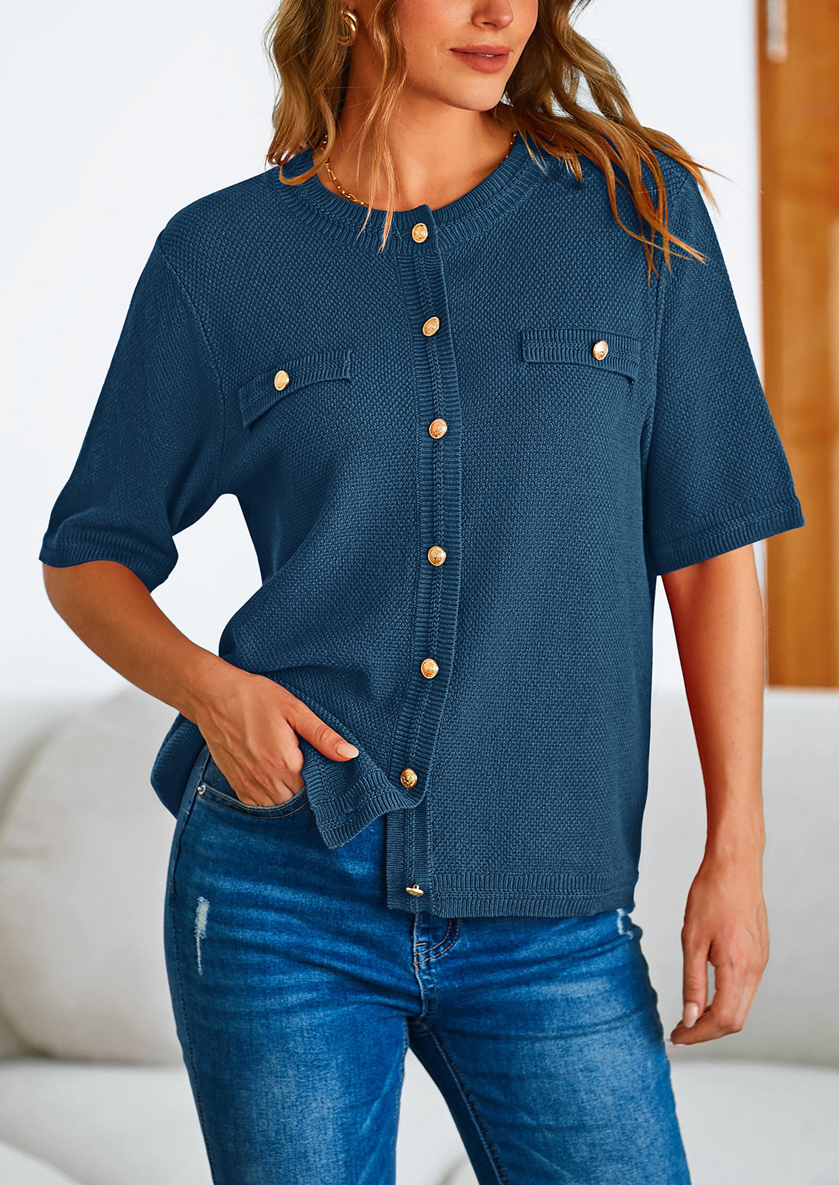 PRETTYGARDEN Women's Summer Button Down Shirts Casual Short Sleeve Crew Neck Ribbed Knit Blouse Top Cardigans