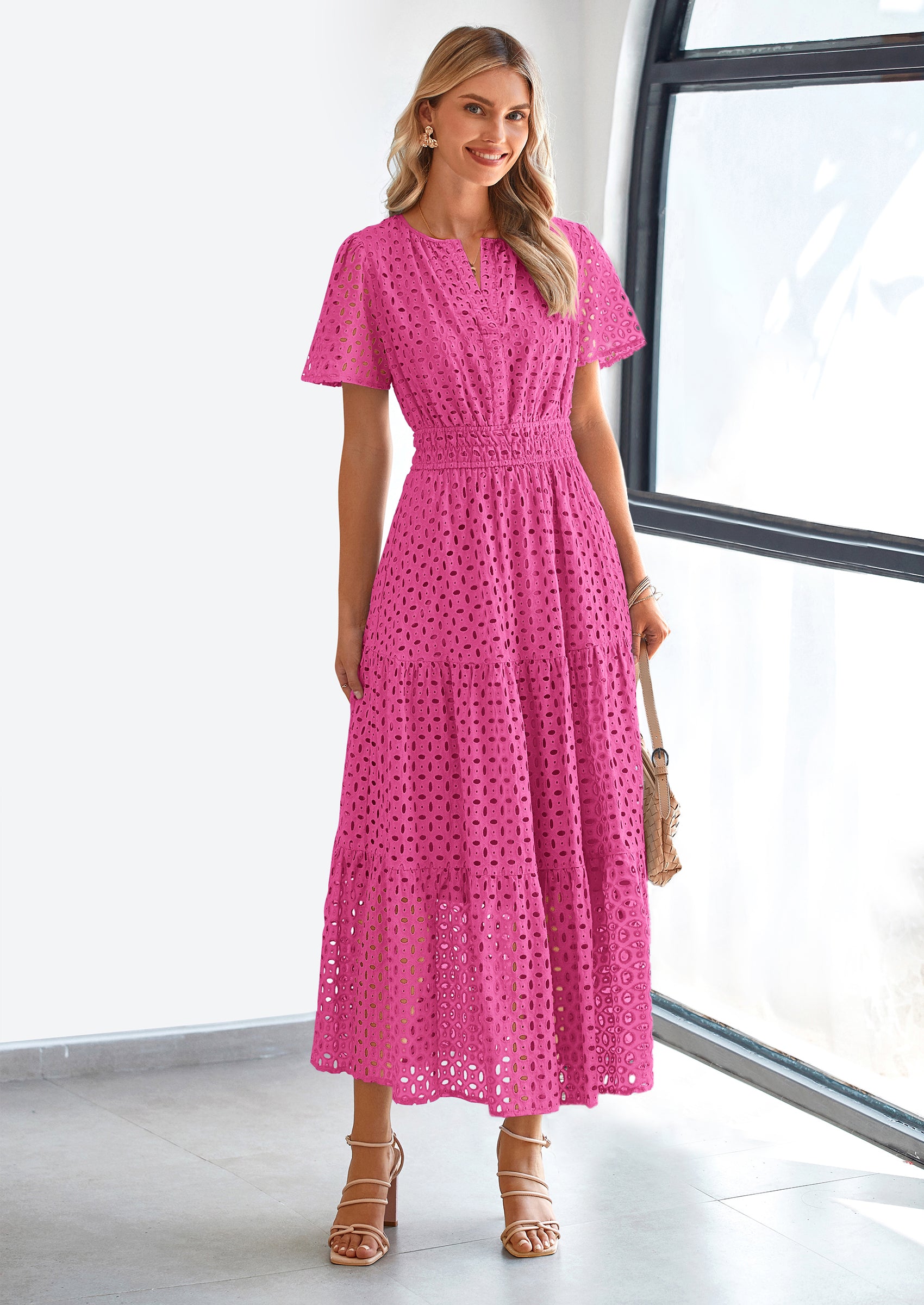 PRETTYGARDEN Womens Maxi Dress Short Sleeve V Neck Hollow Out Eyelet A Line Long Flowy Beach Vacation Dresses