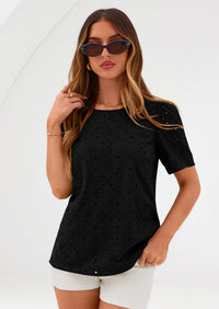 PRETTYGARDEN Women's Puff Short Sleeve Eyelet Shirts Summer Lace Blouses Dressy Casual Work Tops Spring Teacher Clothes PRETTYGARDEN