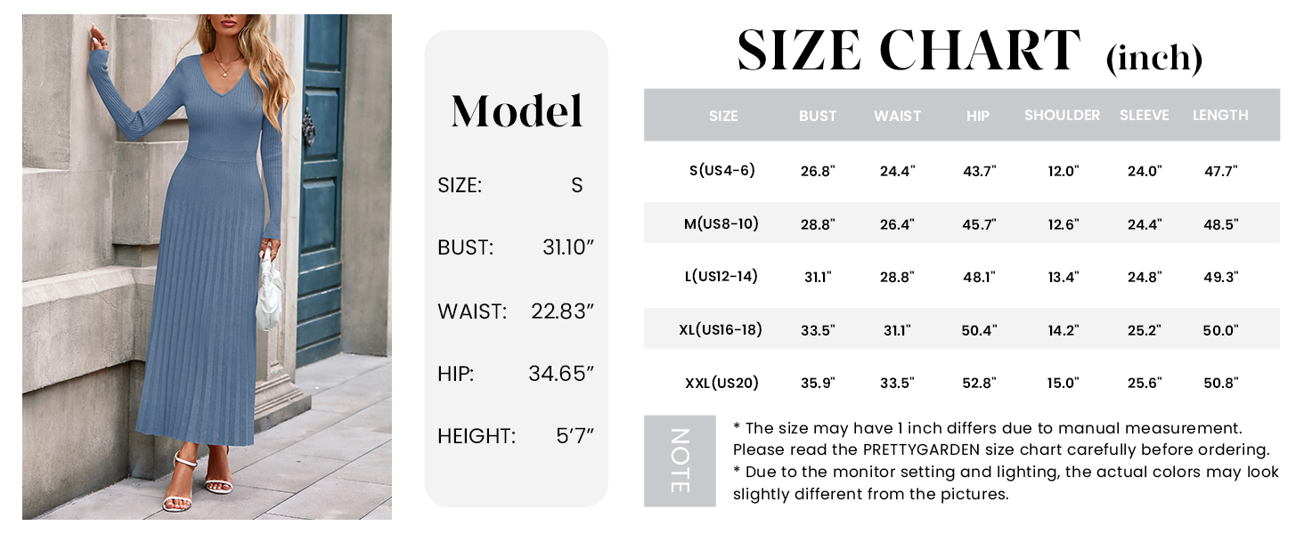 PRETTYGARDEN Women Sweater Dress Fall Fashion Long Sleeve V Neck Ribbed Knit Pleated A Line Elegant Maxi Winter Dresses