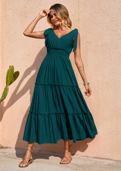 PRETTYGARDEN Women's Cross Neck Spring Sleeveless Tiered Maxi Dress Beach Tie Strap Smocked Long Dresses Pleated Sundress