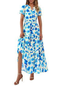 Summer Boho Floral Short Sleeve V Neck A Line Tiered Ruffle Flowy Long Beach Vacation Maxi Dresses