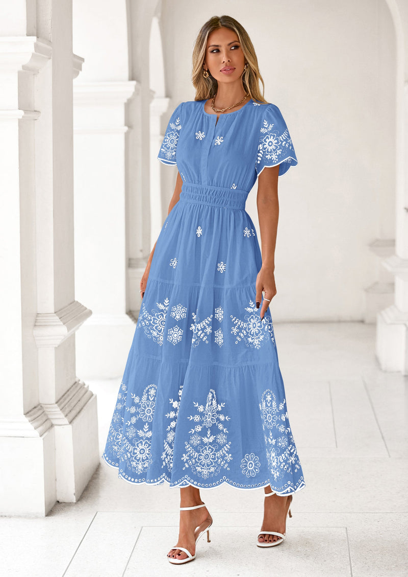 PRETTYGARDEN Boho Dresses for Women Summer Spring Casual Floral Short Sleeve V Neck Maxi Elastic Waist Dress Pockets PRETTYGARDEN