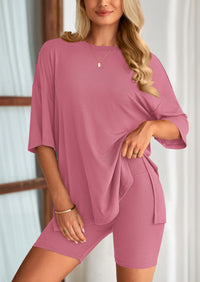 PRETTYGARDEN Women's Two Piece Lounge Set Summer Casual Oversized Shirts Biker Shorts Matching Airport Travel Outfit