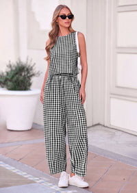 PRETTYGARDEN Womens 2 Piece Sets Summer Plaid Sleeveless Tops Wide Leg Pants Matching Lounge Set Beach Vacation Outfits