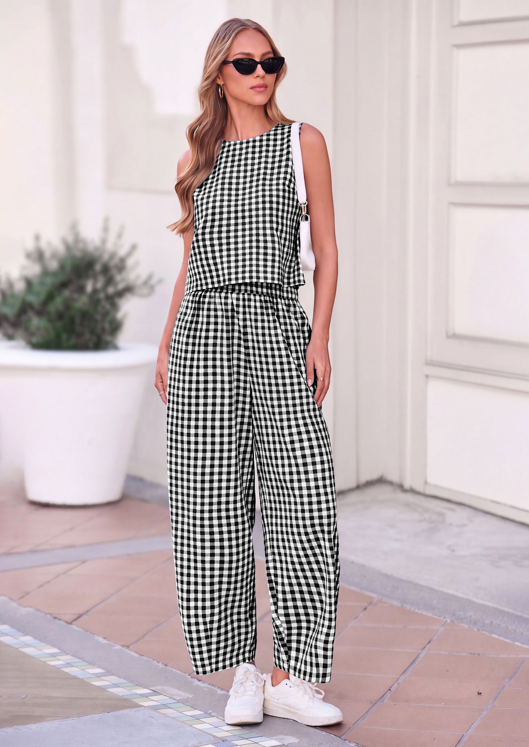 PRETTYGARDEN Womens 2 Piece Sets Summer Plaid Sleeveless Tops Wide Leg Pants Matching Lounge Set Beach Vacation Outfits