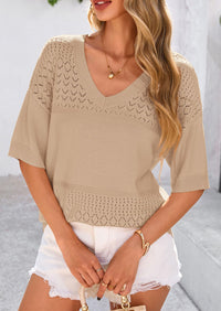 PRETTYGARDEN Women's Short Sleeve Sweater Tops Spring Summer Casual V Neck Ribbed Knit Trendy Eyelet Blouse T Shirts