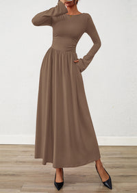 BTFBM Long Sleeve Maxi Dresses for Women Fall Casual Ruched Boat Neck Flowy Elegant Formal Wedding Guest Dress