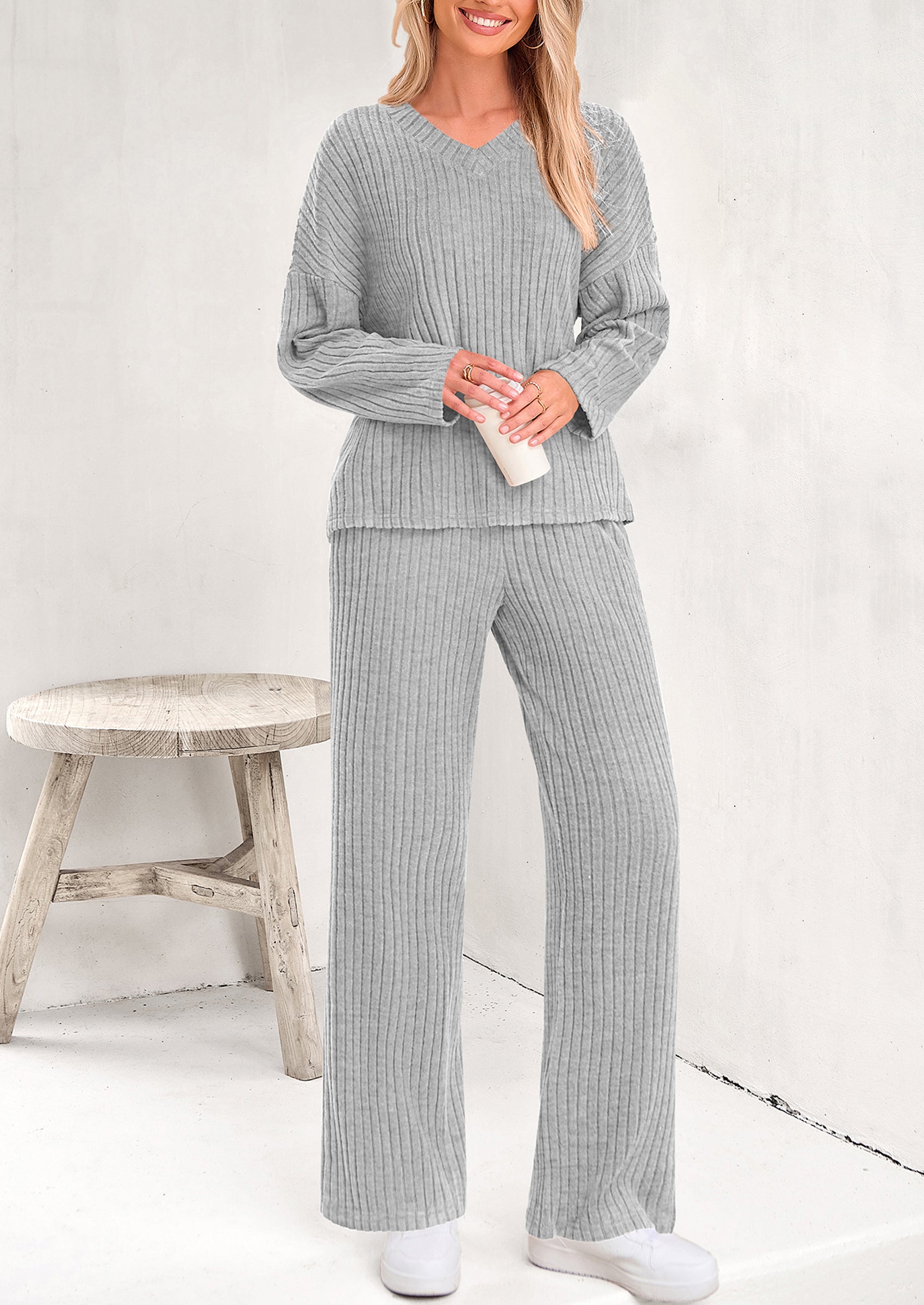 PRETTYGARDEN Women's 2 Piece Lounge Sets Ribbed Knit Long Sleeve V Neck Pullover Tops Wide Leg Pants Spring Fall Outfits