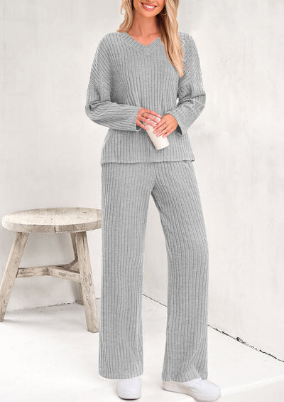 PRETTYGARDEN Women's 2 Piece Lounge Sets Ribbed Knit Long Sleeve V Neck Pullover Tops Wide Leg Pants Spring Fall Outfits