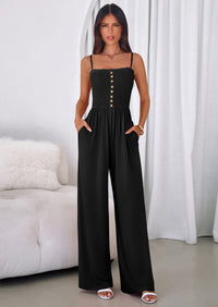 PRETTYGARDEN Jumpsuits for Women Summer Sleeveless Smocked Button Wide Leg Rompers Spring Travel One Piece Outfits