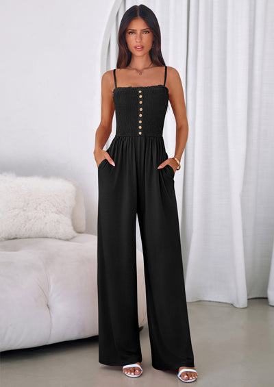 PRETTYGARDEN Jumpsuits for Women Summer Sleeveless Smocked Button Wide Leg Rompers Spring Travel One Piece Outfits
