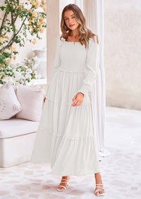PRETTYGARDEN Fall Wedding Guest Dresses for Women Long Sleeve Square Neck Tiered A Line Modest Elegant Flowy Dresses