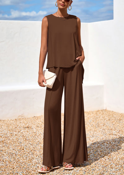 PRETTYGARDEN Women's Two Piece Matching Lounge Sets Asymmetrical Split Tank Tops Wide Leg Pants Summer Outfits Tracksuit