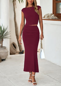 PRETTYGARDEN Summer 2 Piece Sets for Women Going Out Casual Cap Sleeve Crop Tops Ruched Maxi Long Skirts Spring Outfits