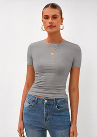 PRETTYGARDEN Women Summer Crew Neck Short Sleeve Tops Ribbed Knit Slim Fit Fashion Basic Tee Shirts Casual Going Out Top PRETTYGARDEN