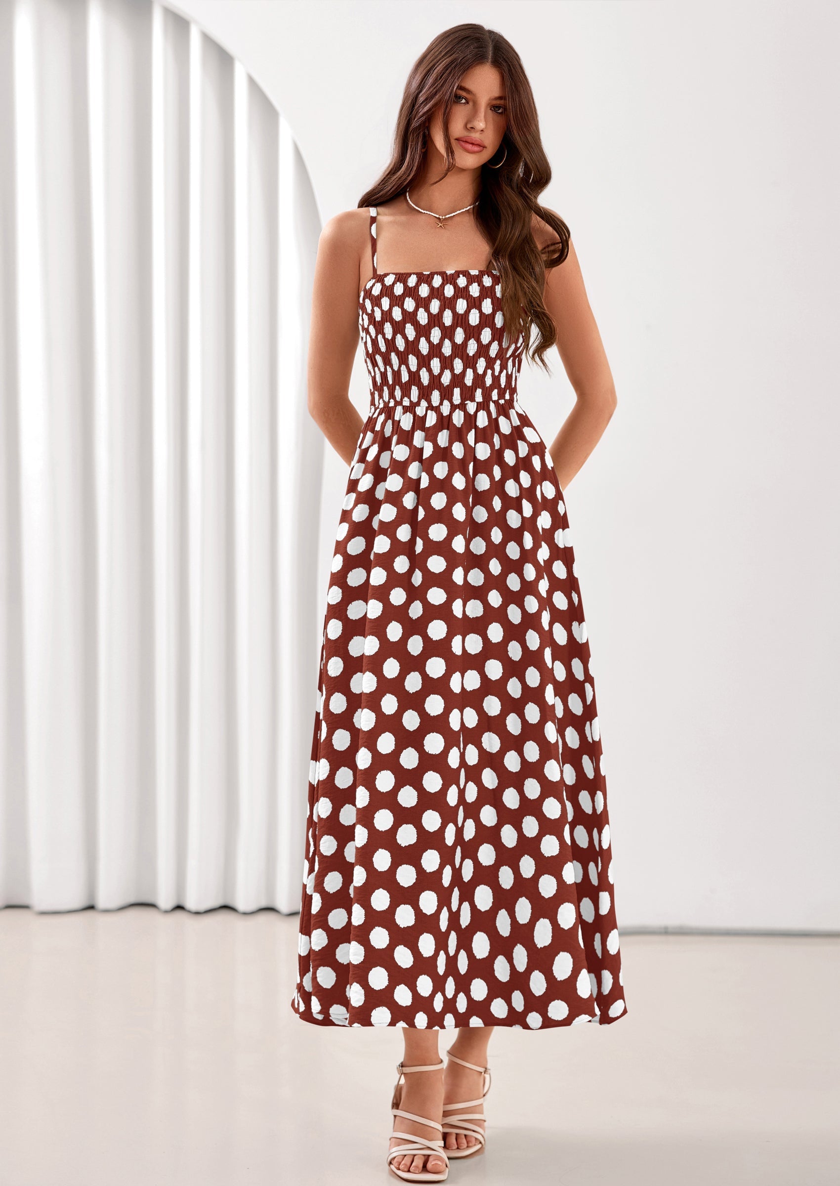 PRETTYGARDEN Womens Summer Dresses Spring Sleeveless Spaghetti Straps Casual Midi Dress Polka Dot Smocked Beach Sundress PRETTYGARDEN