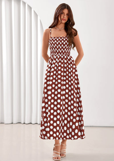 PRETTYGARDEN Womens Summer Dresses Spring Sleeveless Spaghetti Straps Casual Midi Dress Polka Dot Smocked Beach Sundress PRETTYGARDEN