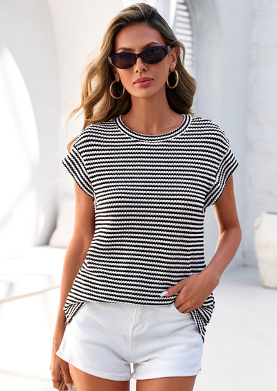 PRETTYGARDEN Women's Spring Vest Tops Cap Sleeve Striped Shirt Knit Tank Top Summer Beach Vacation Clothes PRETTYGARDEN