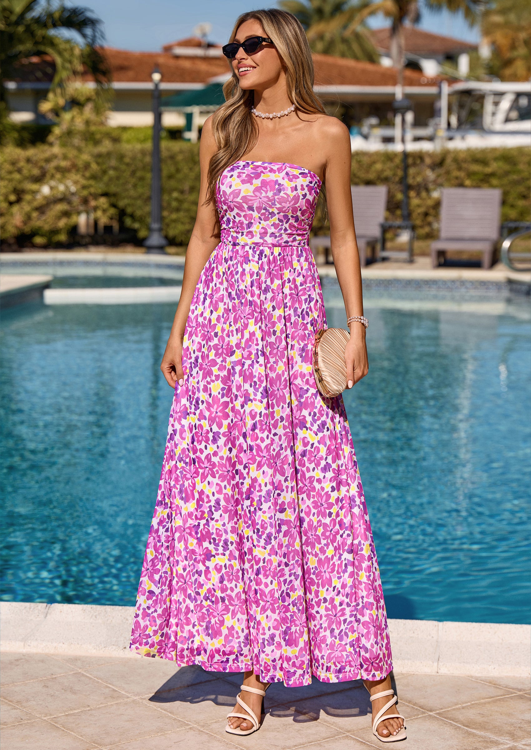 PRETTYGARDEN Womens Boho Maxi Dress Summer Floral Tube Strapless Spring Wedding Guest Cocktail Long Dresses