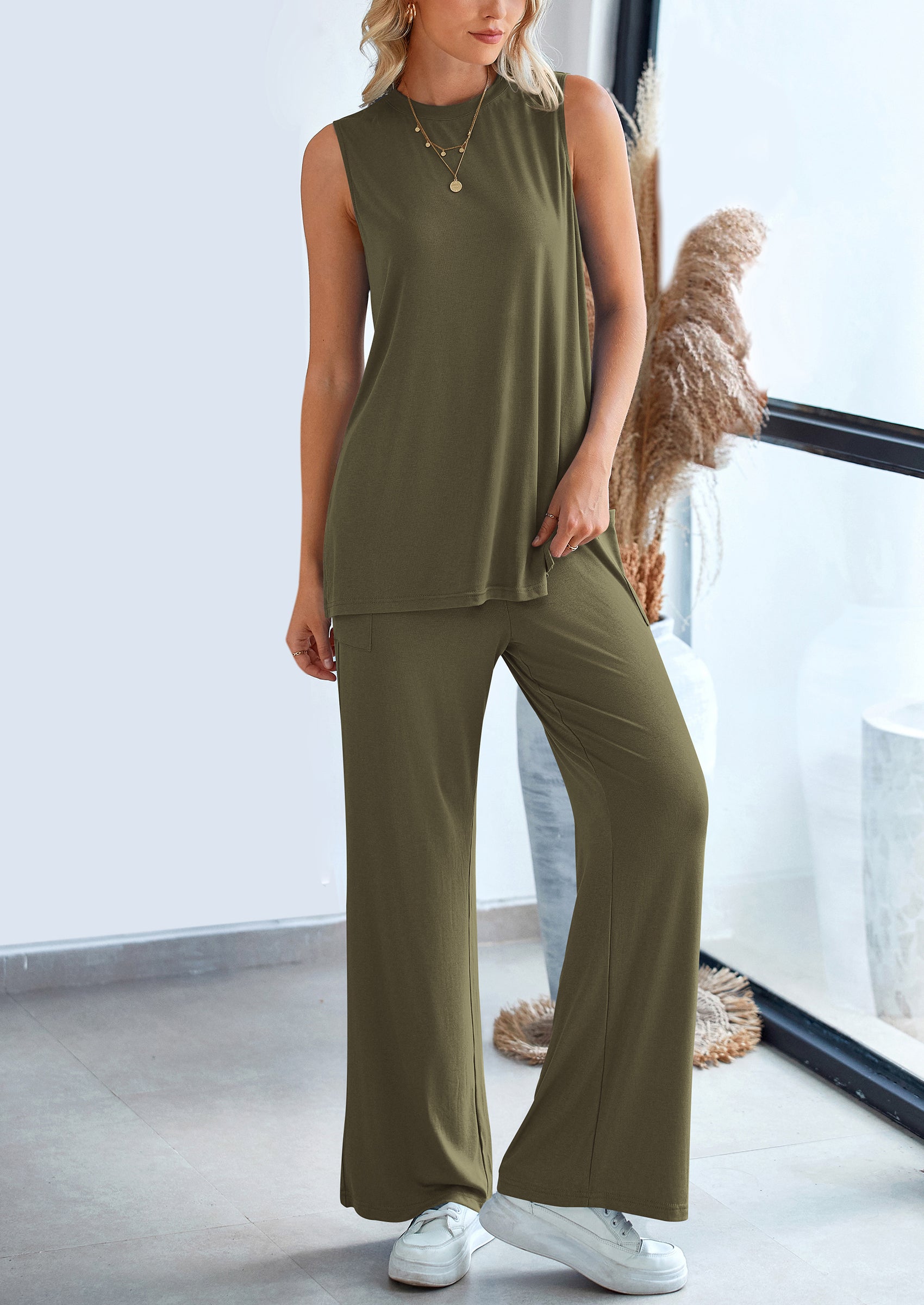 PRETTYGARDEN 2 Piece Set Loose Tank Top Wide Leg Pants Casual Matching Outfits Tracksuit