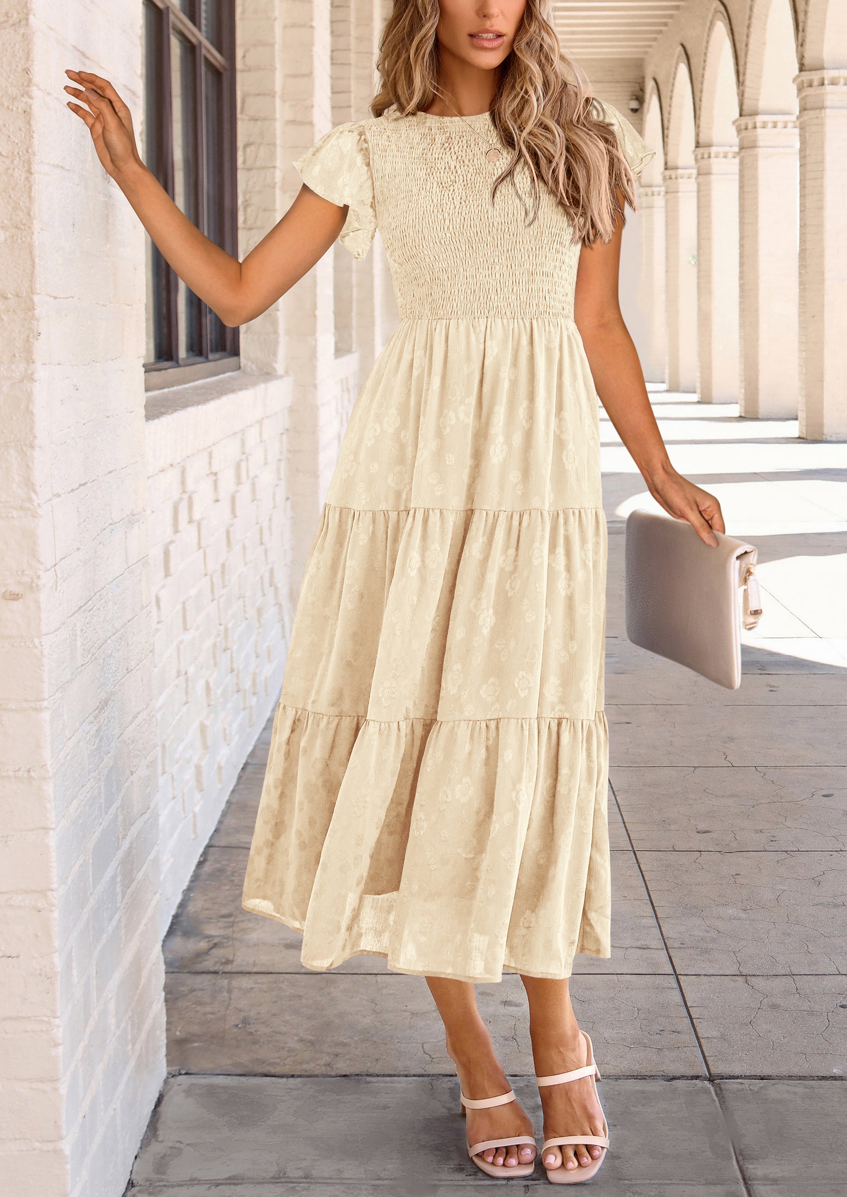 PRETTYGARDEN Midi Dress for Women Summer Floral Cap Sleeve Smocked Ruffle A Line Long Flowy Wedding Guest Dresses