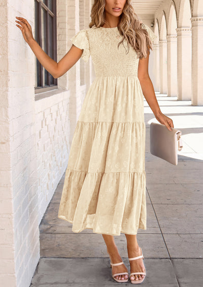 PRETTYGARDEN Midi Dress for Women Summer Floral Cap Sleeve Smocked Ruffle A Line Long Flowy Wedding Guest Dresses