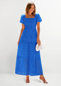 PRETTYGARDEN Dresses for Women Eyelet Square Neck Puff Sleeve Smocked Wedding Guest Maxi Dress with Pockets