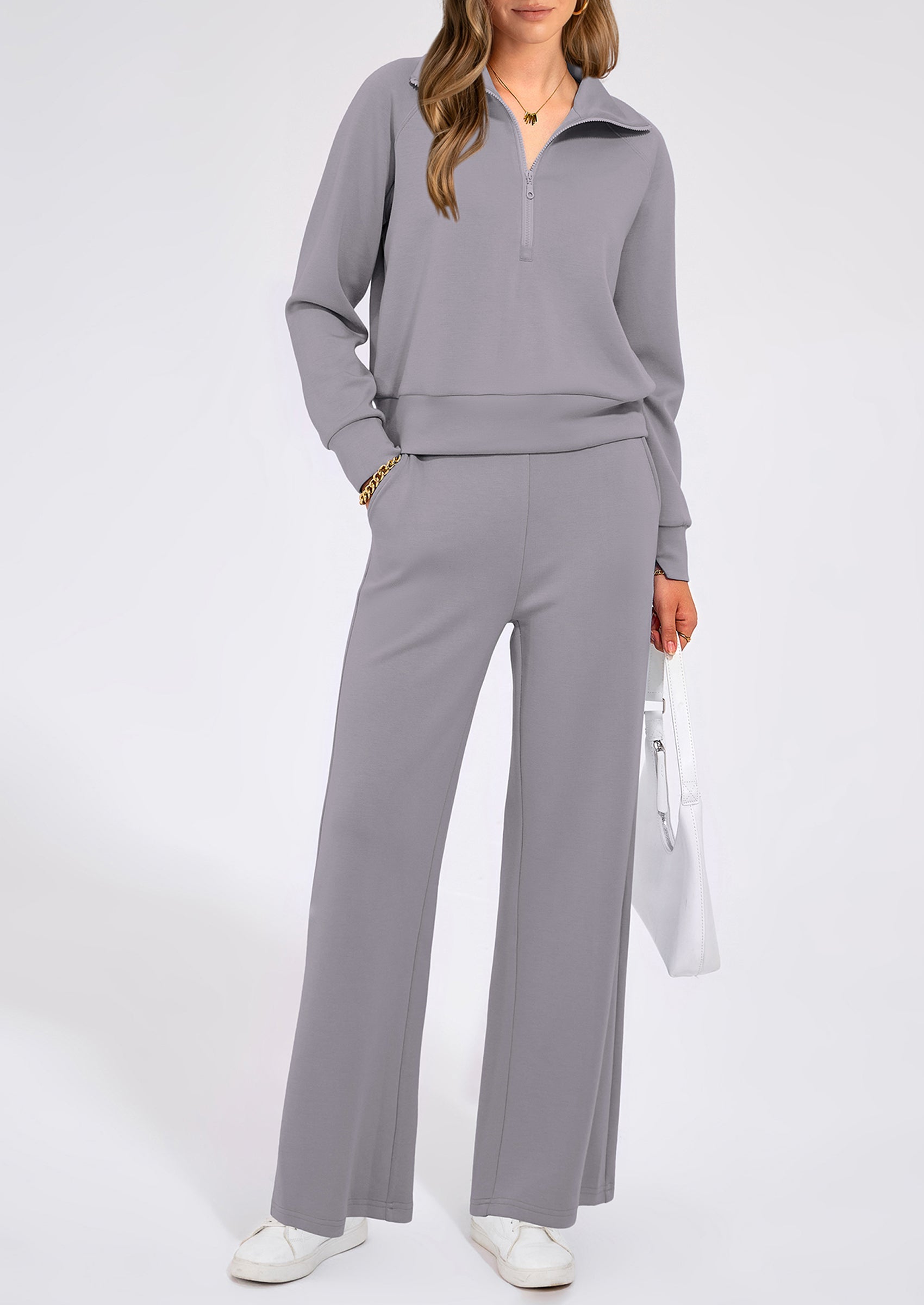 PRETTYGARDEN Women's 2 Piece Outfits Casual Lapel Half Zip Sweatshirts And Wide Leg Pants Tracksuit Sets