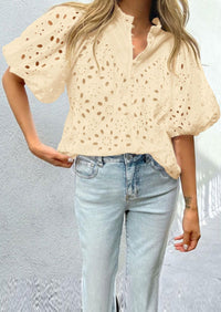 PRETTYGARDEN Women's Summer Short Sleeve Tops Dressy Casual Buttons V Neck Hollow Out Lace Embroidered Blouses Shirts