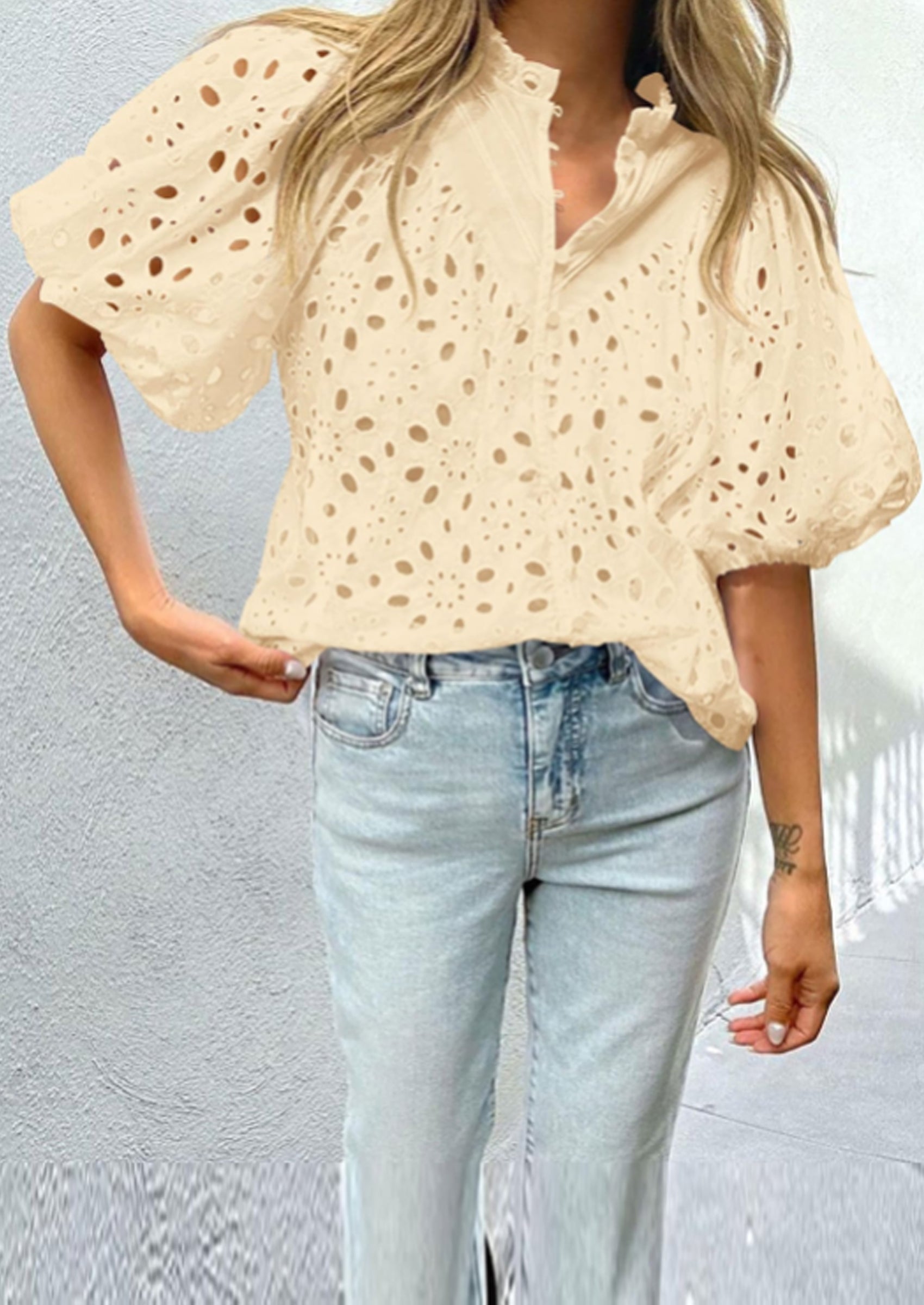 PRETTYGARDEN Women's Summer Short Sleeve Tops Dressy Casual Buttons V Neck Hollow Out Lace Embroidered Blouses Shirts