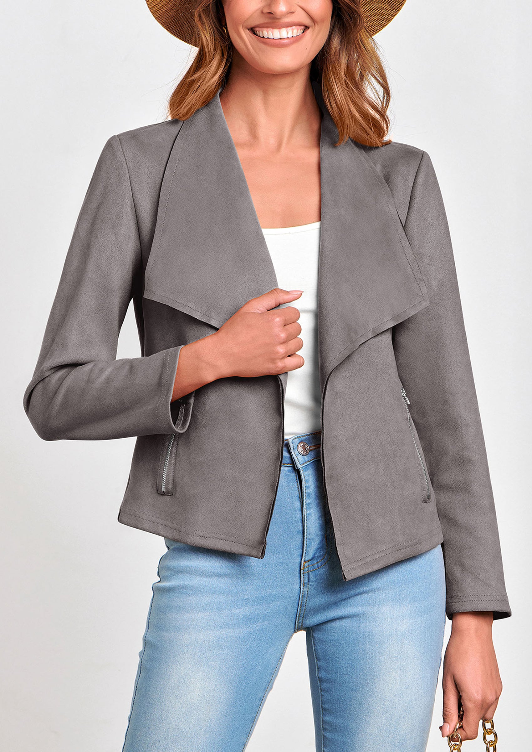 PRETTYGARDEN Women's Faux Suede Jackets Fashion Fall Clothes Long Sleeve Open Front Cropped Coat Outwear