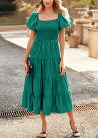 PRETTYGARDEN Women's Summer Casual Midi Dress Puffy Short Sleeve Square Neck Smocked Tiered Ruffle Dresses