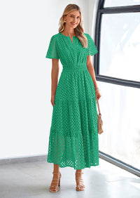 PRETTYGARDEN Womens Maxi Dress Short Sleeve V Neck Hollow Out Eyelet A Line Long Flowy Beach Vacation Dresses