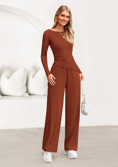 PRETTYGARDEN Women's 2 Piece Lounge Sets Asymmetrical Long Sleeve T Shirt Wide Leg Pants Casual Outfits Tracksuit PRETTYGARDEN