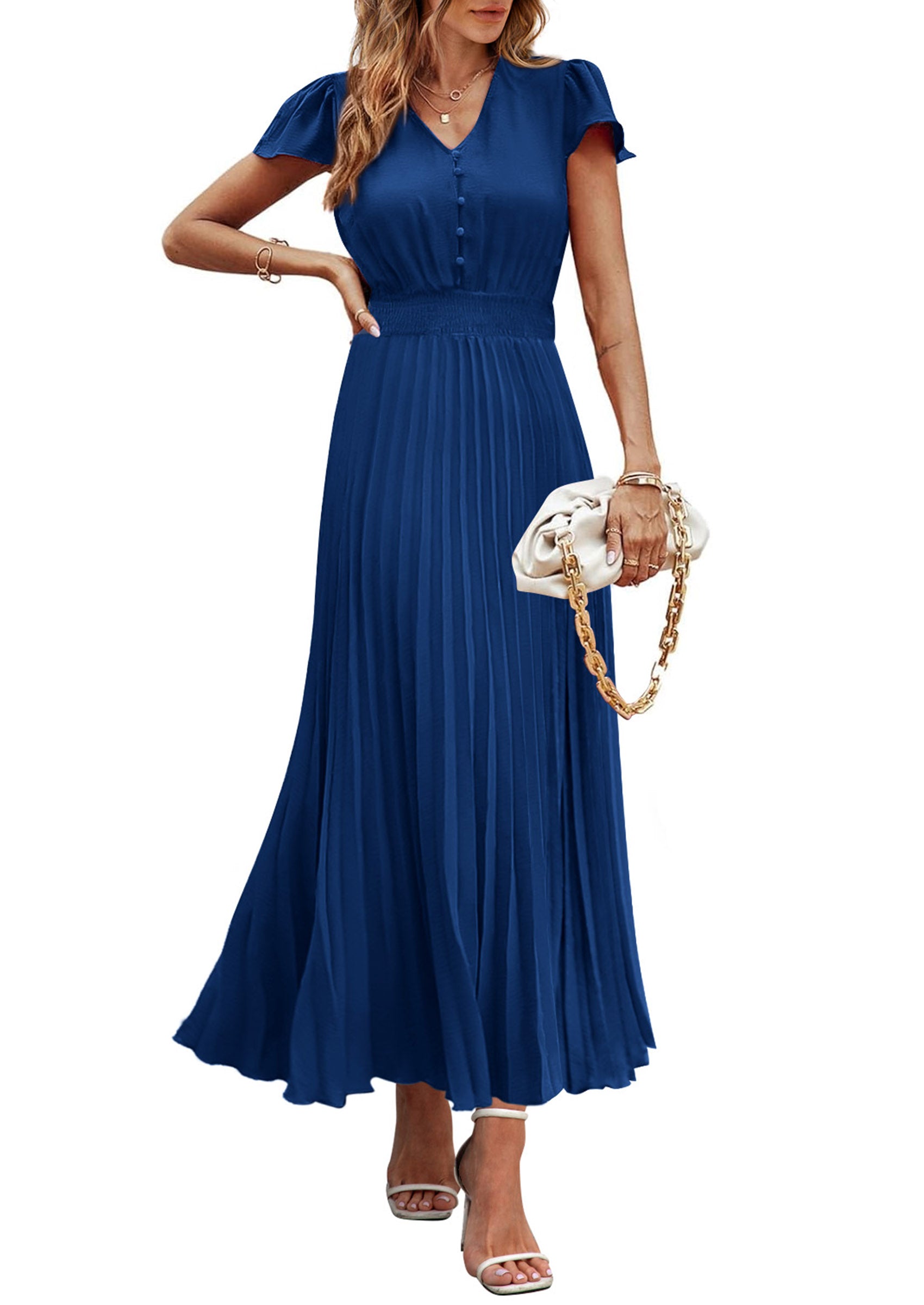 PRETTYGARDEN Women's Maxi Dresses Summer Trendy Cap Short Sleeve Button V Neck Casual Flowy Pleated Long Dress