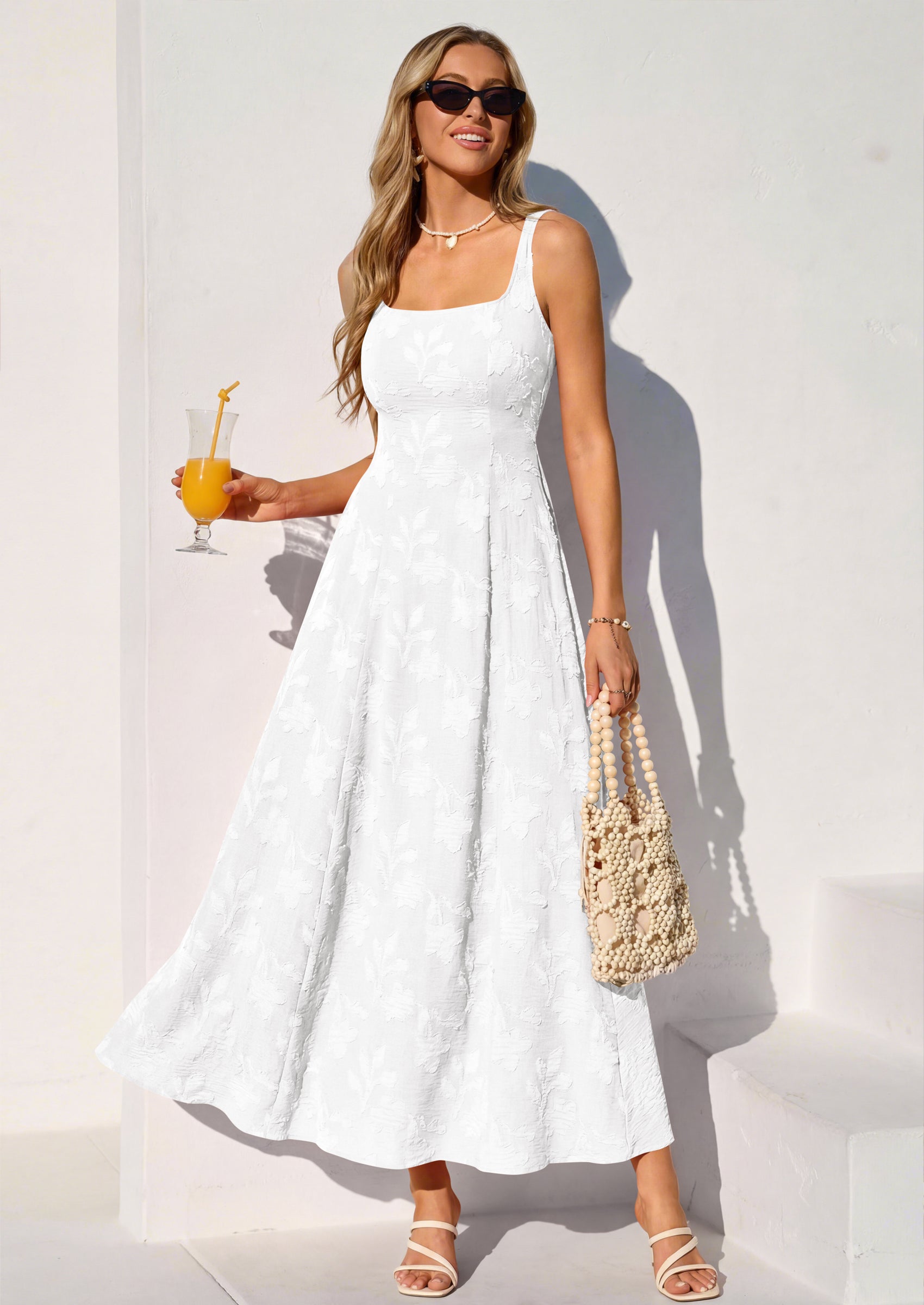 PRETTYGARDEN Womens Summer Maxi Dresses Casual Sleeveless Square Neck Jacquard Flowy Wedding Guest Beach Boho Long Dress