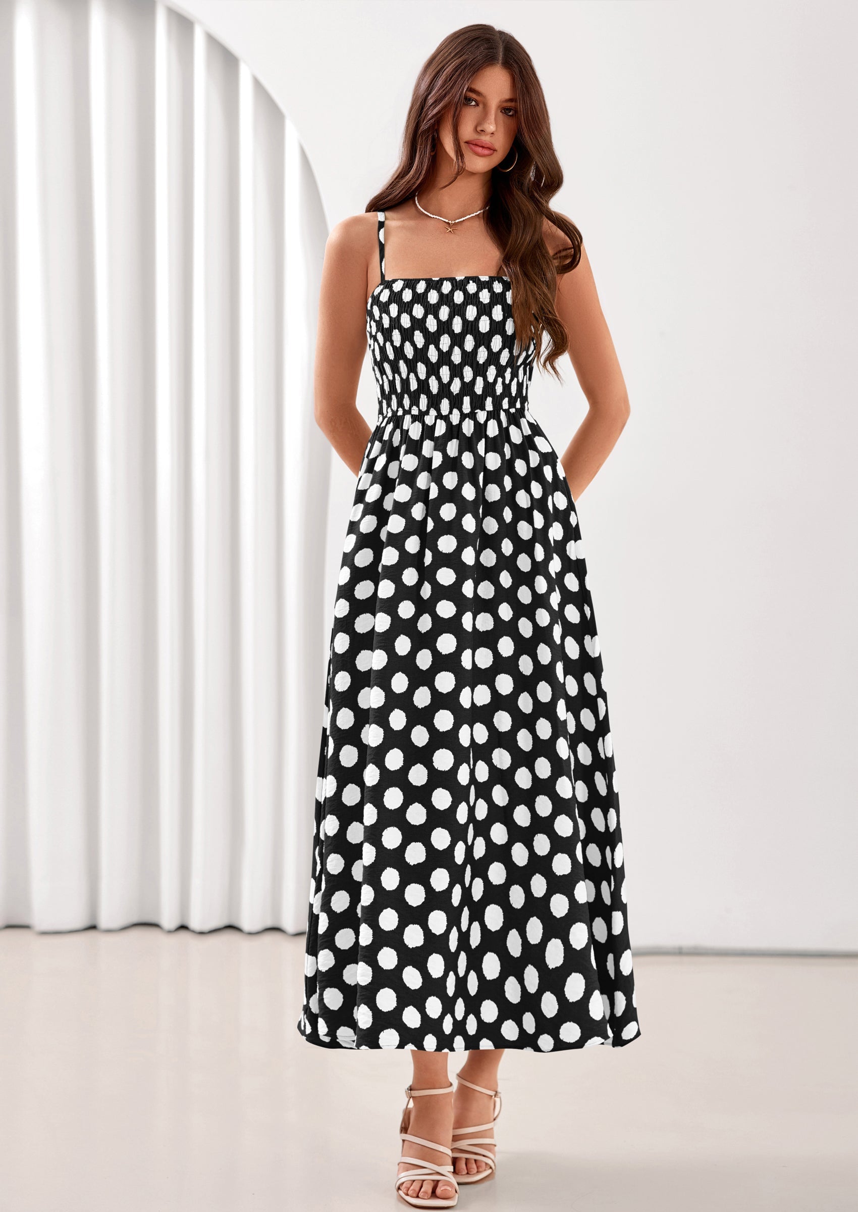 PRETTYGARDEN Womens Summer Dresses Spring Sleeveless Spaghetti Straps Casual Midi Dress Polka Dot Smocked Beach Sundress PRETTYGARDEN