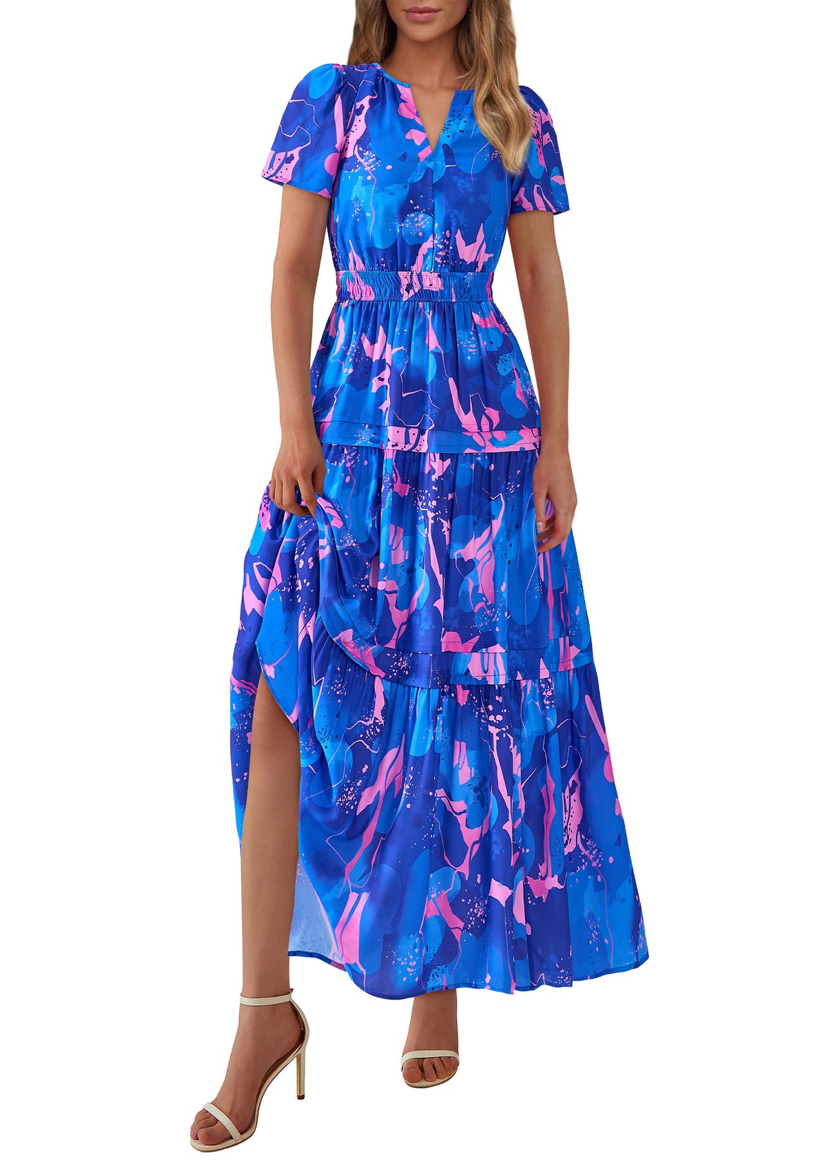 Summer Boho Floral Short Sleeve V Neck A Line Tiered Ruffle Flowy Long Beach Vacation Maxi Dresses