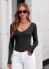 PRETTYGARDEN Bodysuits for Women Fall Long Sleeve Shirts V Neck Slim Fitted Basic Tees Going Out Tops Fashion Clothing