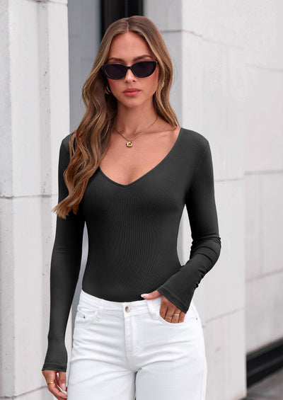 PRETTYGARDEN Bodysuits for Women Fall Long Sleeve Shirts V Neck Slim Fitted Basic Tees Going Out Tops Fashion Clothing