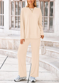 PRETTYGARDEN Women's Two Piece Lounge Sets Matching Long Sleeve Shirts Wide Leg Pants Tracksuits Travel Outfits Fall Clothes