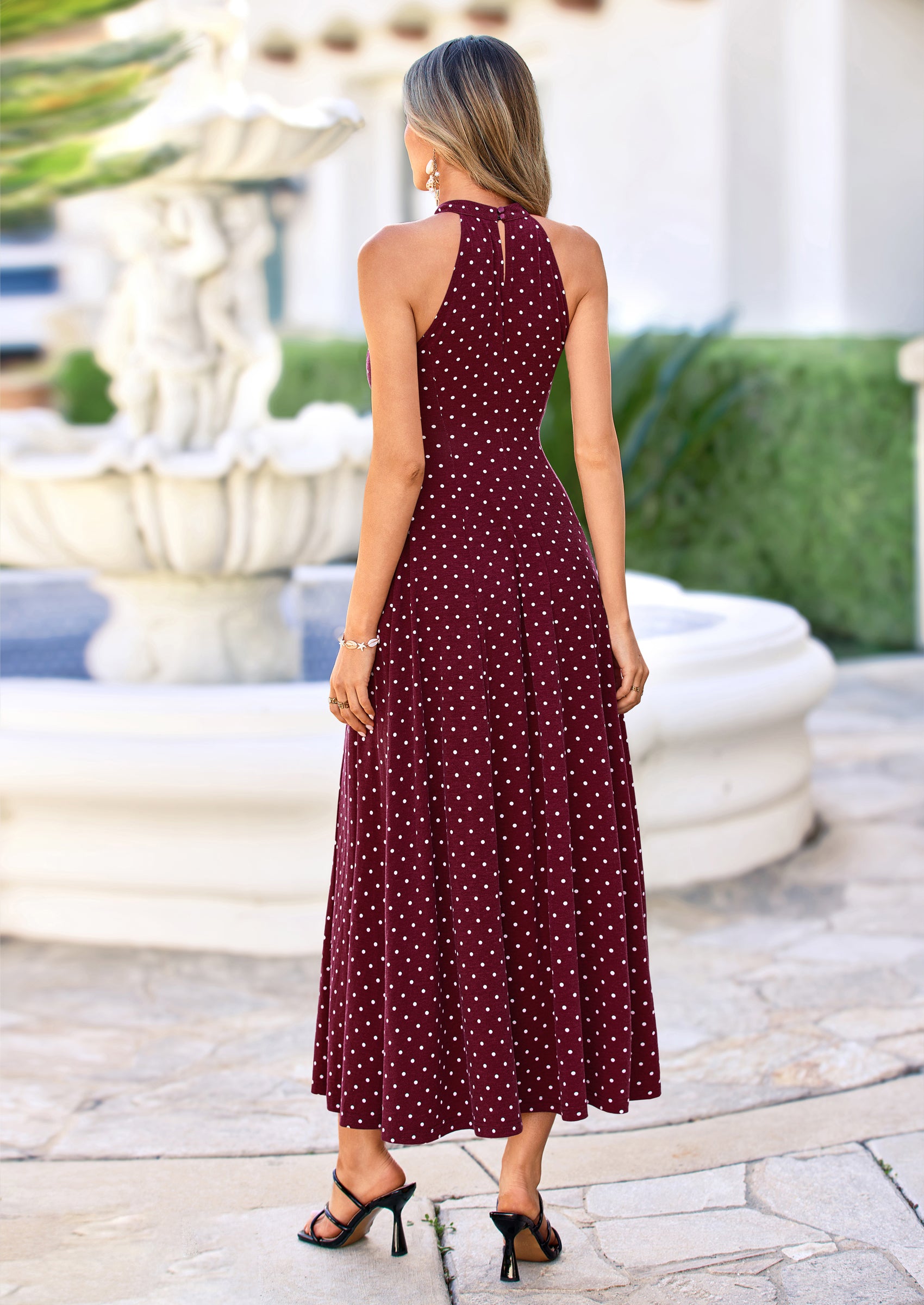 PRETTYGARDEN Summer Halter Dresses for Women Vacation Outfits Sleeveless Polka Dot Sundress Wedding Guest Maxi Dress