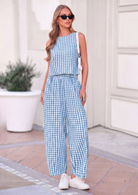 PRETTYGARDEN Womens 2 Piece Sets Summer Plaid Sleeveless Tops Wide Leg Pants Matching Lounge Set Beach Vacation Outfits