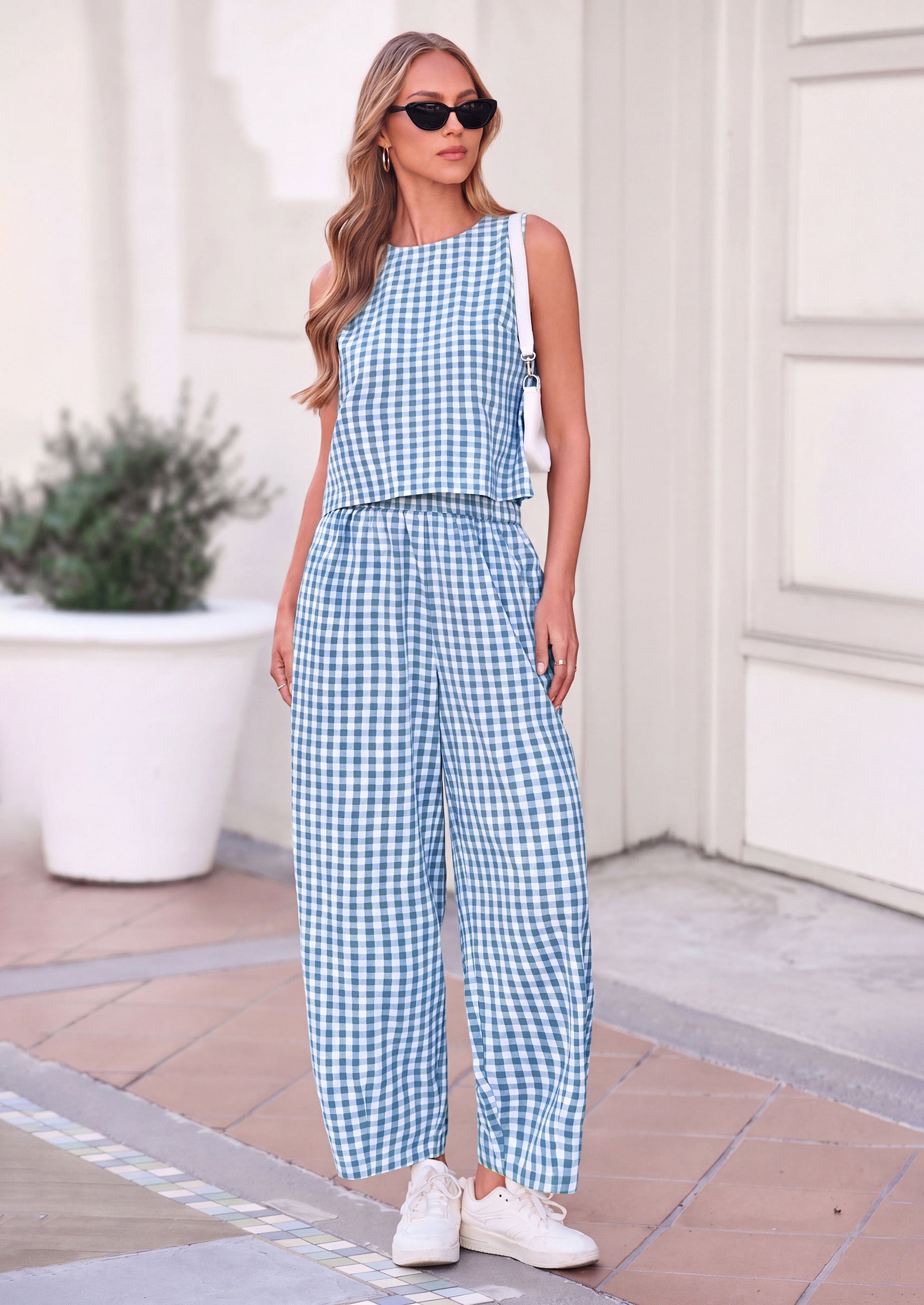 PRETTYGARDEN Womens 2 Piece Sets Summer Plaid Sleeveless Tops Wide Leg Pants Matching Lounge Set Beach Vacation Outfits